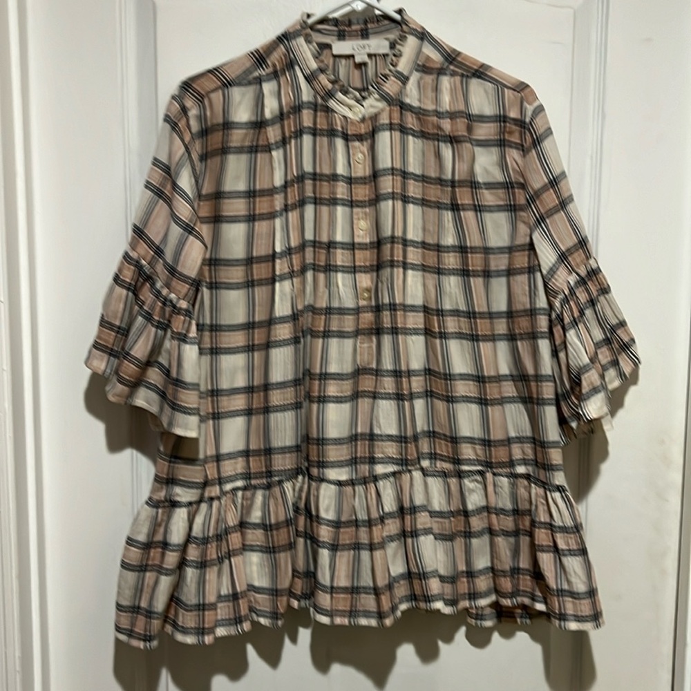 LOFT Cream and Tan Plaid Button-Front Peplum Blouse